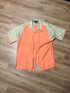 Nat Nast Mens L Silk Button Up Short Sleeve Shirt Coral Tan Selves Color Block